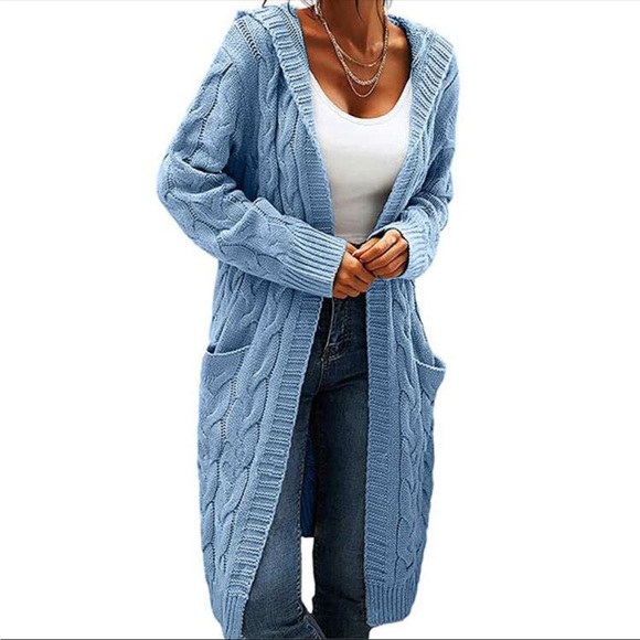 Luxe Cable Knit Long Sleeve Sweater Cardigan Open Front Pocket Hooded Hood - Picture 10 of 16